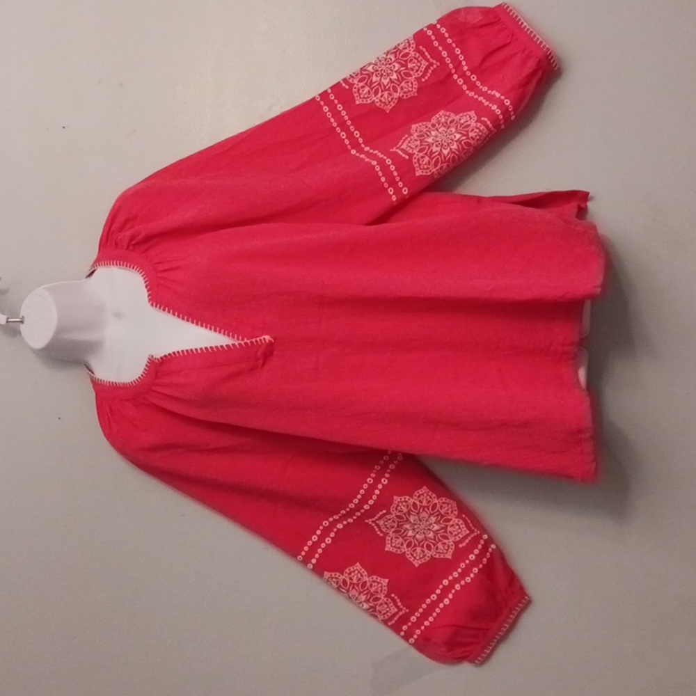 Calypso St Barth size 1X women's pink with white embroidered top long sleeves.